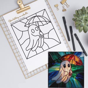 Patrón de vitral con gritos fantasmales de Halloween, descarga digital en PDF imprimible, patrón de artesanía de vidrio de Halloween, vitral digital