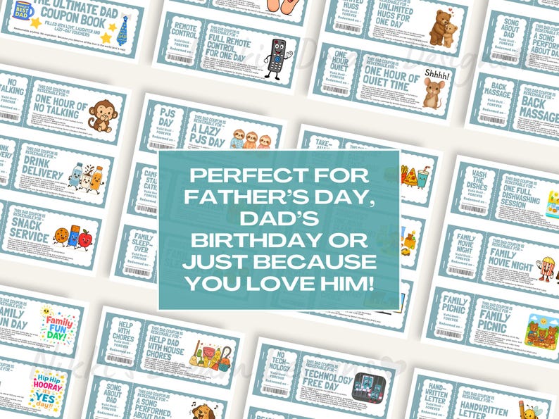 Dad coupons great for Father's Day gift or Dad's Birthday Gift, printable gift, DIY Gift for him, 51 coupons and 6 bonus Dad's choice and you choose, digital download, so easy to print and use.