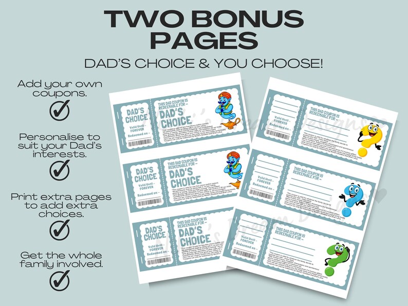 Dad coupons great for Father's Day gift or Dad's Birthday Gift, printable gift, DIY Gift for him, 51 coupons and 6 bonus Dad's choice and you choose, digital download, so easy to print and use.