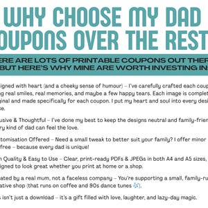 May include: A teal and white graphic with the text "WHY CHOOSE MY DAD COUPONS OVER THE REST?" and bullet points explaining the benefits of the coupons. The text includes phrases like "Designed with heart" and "High Quality & Easy to Use."