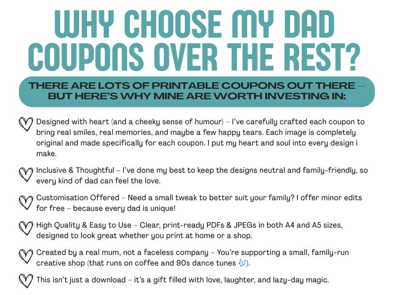 May include: A teal and white graphic with the text "WHY CHOOSE MY DAD COUPONS OVER THE REST?" and bullet points explaining the benefits of the coupons. The text includes phrases like "Designed with heart" and "High Quality & Easy to Use."