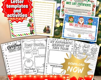 Letter to Santa Colour in Printable Bundle Christmas Activity Pages for Kids with Nice List Certificates