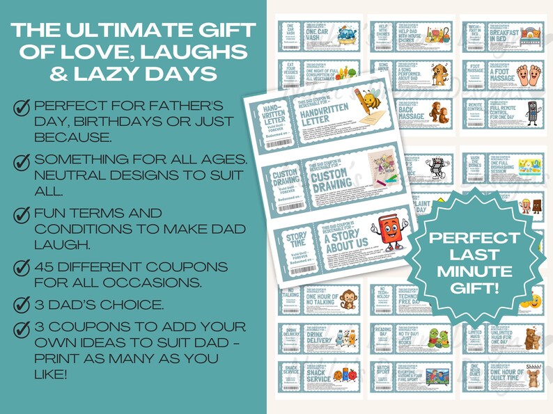 Dad coupons great for Father's Day gift or Dad's Birthday Gift, printable gift, DIY Gift for him, 51 coupons and 6 bonus Dad's choice and you choose, digital download, so easy to print and use.
