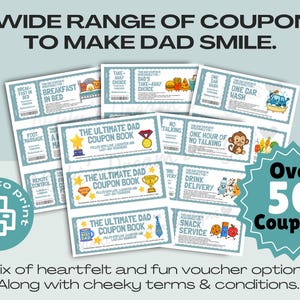 Dad coupons great for Father's Day gift or Dad's Birthday Gift, printable gift, DIY Gift for him, 51 coupons and 6 bonus Dad's choice and you choose, digital download, so easy to print and use.