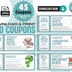 Dad coupons great for Father's Day gift or Dad's Birthday Gift, printable gift, DIY Gift for him, 51 coupons and 6 bonus Dad's choice and you choose, digital download, so easy to print and use.