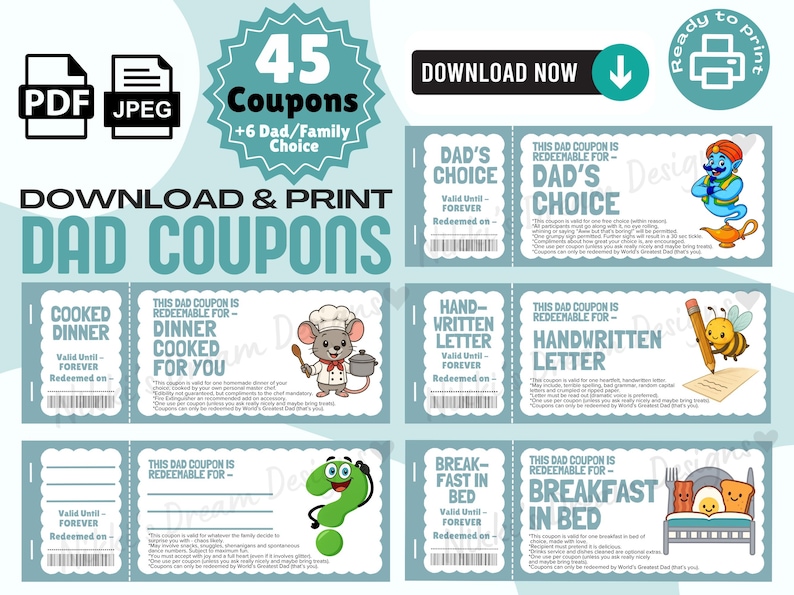 Dad coupons great for Father's Day gift or Dad's Birthday Gift, printable gift, DIY Gift for him, 51 coupons and 6 bonus Dad's choice and you choose, digital download, so easy to print and use.