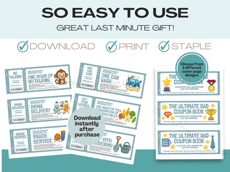 Dad coupons great for Father's Day gift or Dad's Birthday Gift, printable gift, DIY Gift for him, 51 coupons and 6 bonus Dad's choice and you choose, digital download, so easy to print and use.