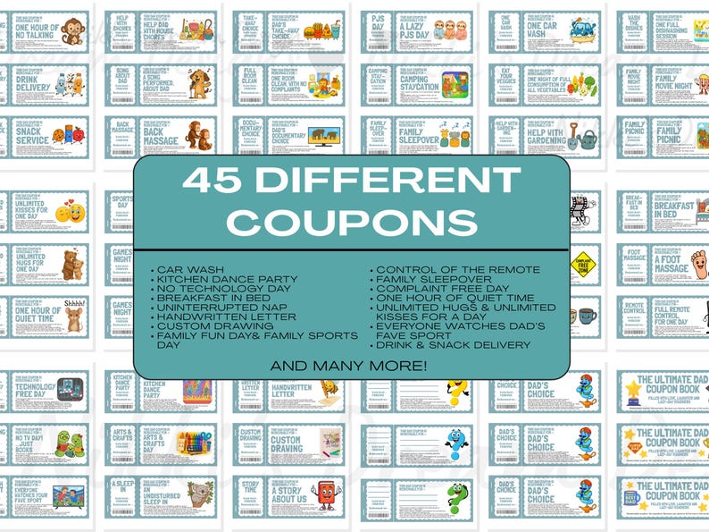 Dad coupons great for Father's Day gift or Dad's Birthday Gift, printable gift, DIY Gift for him, 51 coupons and 6 bonus Dad's choice and you choose, digital download, so easy to print and use.