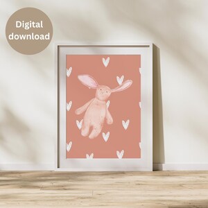 Pink Bunny Nursery Print | Cute Animal Wall Art | Baby Girl Room Decor | Heart Background