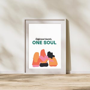 Best Friends Wall Art Print | Friendship Poster | Different Hearts One Soul Quote | Sisterhood Decor | Modern Girl Group Print