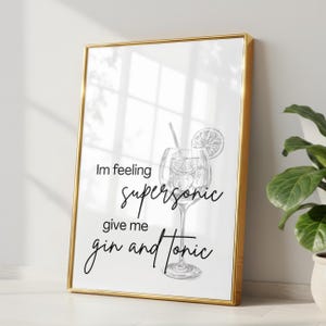 Supersonische gin-tonic-print | Op muziek geïnspireerde muurkunst | Leuke poster met cocktailcitaat | Bardecoratie