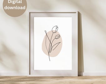 Minimalist Tulip Line Art Print – Beige Abstract Floral Illustration, Modern Botanical Wall Decor