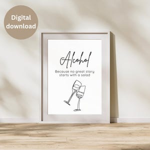 アルコールに関する名言ウォールアート – 面白い印刷可能なバーサイン、線画のドリンクグラス、デジタルユーモアデコレーション