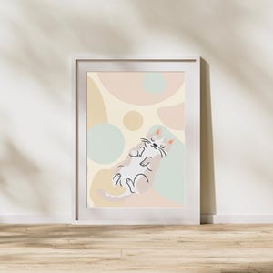 Minimalist Sleeping Cat Art Print – Neutral Abstract Background | Cute Boho Cat Wall Art