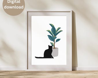 Black Cat and Plant Wall Art | Minimalist Digital Print | Cat Lover Home Decor