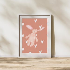 Pink Bunny Nursery Print | Cute Animal Wall Art | Baby Girl Room Decor | Heart Background