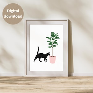 Minimalist Cat and Plant Wall Art | Black Cat Digital Print | Modern Pet Lover Decor