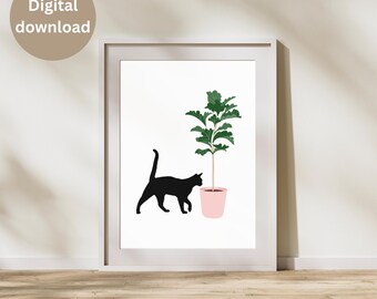 Minimalist Cat and Plant Wall Art | Black Cat Digital Print | Modern Pet Lover Decor