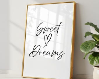 Sweet Dreams Wall Art Print | Minimalist Bedroom Quote | Heart Typography Poster