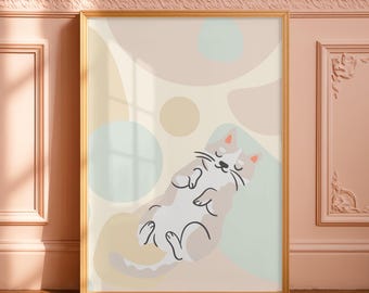 Slapende kat kunstafdruk | Leuke neutrale boho kat muurposter