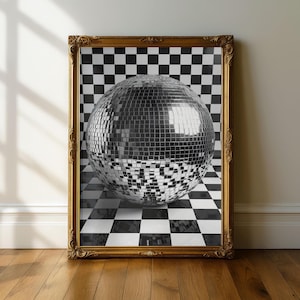 Black and White Disco Ball Wall Art Print | Checkerboard Disco Ball Kitchen Poster | Modern Graphic Art | Retro Aesthetic Home Decor