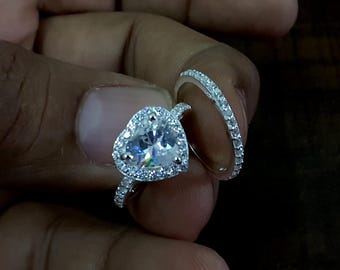 Sterling Silver Moissanite 2 Ring Set, Heart Engagement Bridal Ring