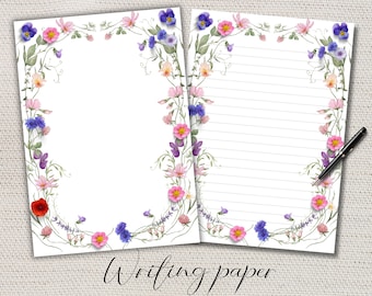Wildflower Writing paper Lined Unlined-A4/A5  Pen pal supplies-Flower stationery letter writing note sheets-Notepaper with or without lines