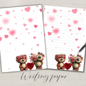 Puede incluir: Dos hojas de papel de escribir blancas con un patrón de corazones rosas y osos de dibujos animados. Una hoja está rayada, la otra está en blanco. Los osos sostienen flores y un corazón rojo. El texto "Writing paper" está en la parte inferior.