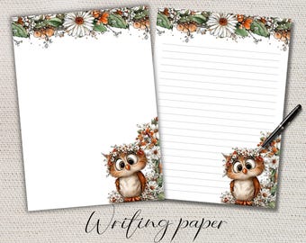 Cute Owl with Flower Writing paper Lined Unlined-A4/A5 Pen pal supplies-Letter writing note sheets-Notepaper with or without lines