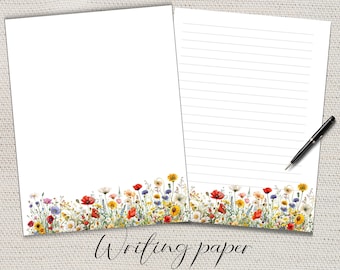 Wildflower Writing paper Lined Unlined-A4/A5  Pen pal supplies-Flower stationery letter writing note sheets-Notepaper with or without lines