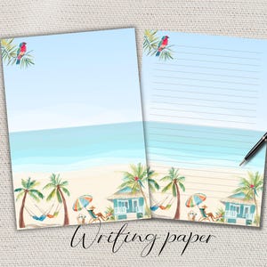 Könnte beinhalten: Zwei Blätter Schreibpapier mit Strandmotiv. Der obere Teil jedes Blattes zeigt einen blauen Himmel und einen bunten Vogel auf einem Ast. Der untere Teil des Papiers zeigt eine Strandszene mit Palmen, Hütten und dem Text "Writing paper".