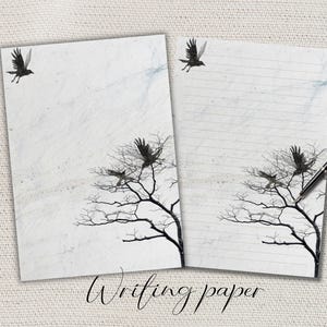Puede incluir: Dos hojas de papel de escritura con un diseño de cuervo y árbol. Una hoja está en blanco, la otra tiene líneas. El diseño presenta cuervos negros volando sobre un árbol desnudo. Las palabras "Writing paper" están escritas en cursiva.