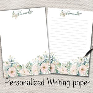 Spersonalizowany papier listowy z akwarelowymi kwiatami - Spersonalizowany papier listowy z kwiatami w linie bez linii - A4/A5 Przybory do pisania - Spersonalizowany papier listowy