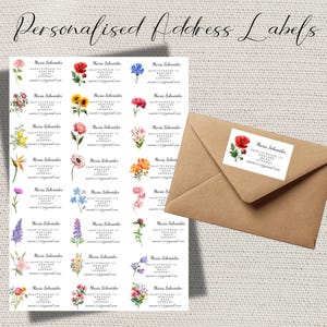 May include: A sheet of personalised address labels with floral designs and the text "Personalised Address Labels." A brown envelope with a matching label is also shown. The labels include names, addresses, and email addresses.