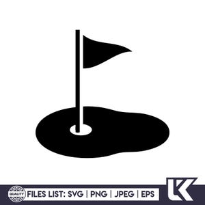 May include: A black and white graphic of a golf hole with a flag. The flag is triangular and attached to a pole. The hole is a circular depression in the ground.