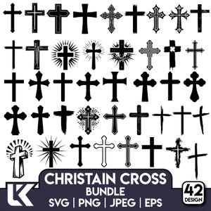 May include: A collection of 42 Christian cross designs in various styles, including solid, textured, and outlined versions. The crosses are black and white, with some featuring decorative elements. The image includes the text "CHRISTAIN CROSS BUNDLE".