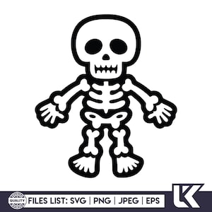May include: A black and white cartoon skeleton illustration. The skeleton has a rounded skull with eye sockets and a jawline. The arms and legs are outstretched. The image includes the text "FILES LIST: SVG | PNG | JPEG | EPS".