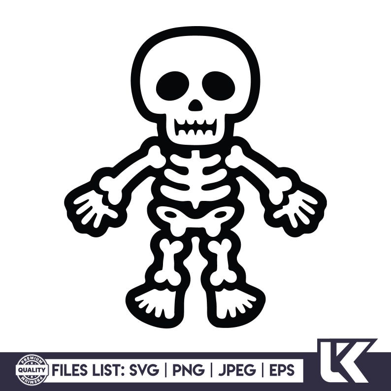 Tecknad skelett Svg, skelett Svg Png, Halloweenskelett, söt skelett Svg, skelett Clipart, skelettskjorta Svg, skelettklippfil bild 1