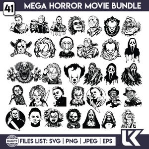 May include: Black and white illustrations of 41 horror movie characters. The text "MEGA HORROR MOVIE BUNDLE" is at the top. The image also includes the text "FILES LIST: SVG | PNG | JPEG | EPS".
