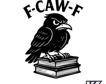 May include: Black and white illustration of an angry crow perched on a stack of books, with the text "F-CAW-F" above. The image is a digital file, with file formats listed below the image.