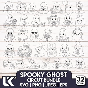 May include: A collection of 32 black and white line art illustrations featuring cute ghosts in various activities, including holding flowers, books, coffee, and pets. The image includes the text SPOOKY GHOST CIRCUT BUNDLE SVG PNG JPEG EPS.