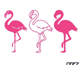 May include: Three flamingo silhouettes in varying styles. Two are solid pink, and one is an outline. The flamingos are standing on one leg with their necks curved. The image includes the text "FILES LIST: SVG | PNG | JPEG | EPS".