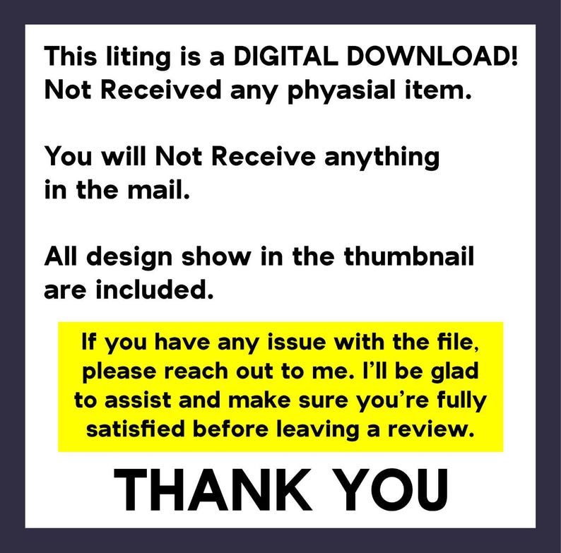 May include: A digital download announcement with a dark background and white text. The text includes phrases like "DIGITAL DOWNLOAD," "Not Received any phyasial item," and "THANK YOU." A yellow box highlights a customer service message.