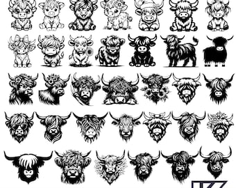 Highland Cow Svg Bundle | Floral Cow Svg | Cute Cow Png | Baby Cow Svg | Cow Clipart | Rust Frame Animal Design | Cute Cow Head Outline