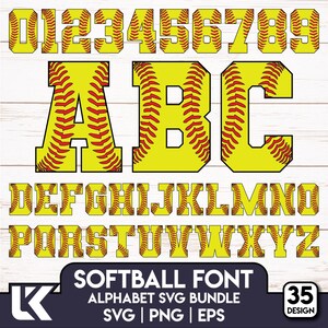 May include: A softball-themed alphabet and number set in yellow and red. The letters and numbers are designed to resemble softballs, with red stitching details. The image includes the text "SOFTBALL FONT ALPHABET SVG BUNDLE SVG | PNG | EPS".