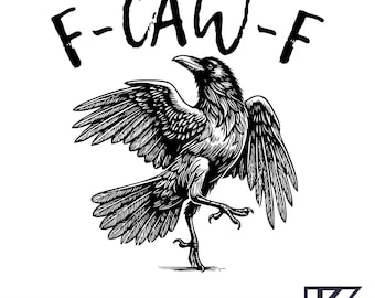 May include: A monochrome illustration of a crow with its wings spread and one leg lifted. The text "F-CAW-F" is above the crow. The image also lists file types: SVG, PNG, JPEG, and EPS.