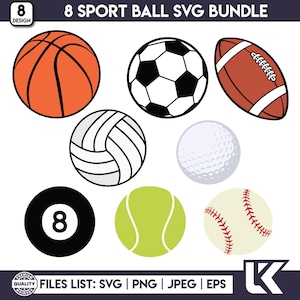 May include: A collection of eight sports ball designs in a vector graphic bundle. Includes a basketball, soccer ball, football, volleyball, golf ball, 8-ball, tennis ball, and baseball. The text "8 SPORT BALL SVG BUNDLE" is at the top.
