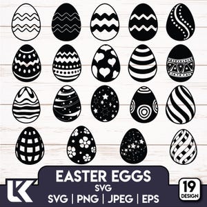 May include: A collection of 19 black and white Easter egg designs. Each egg features a unique pattern, including stripes, zigzags, dots, and floral motifs. The image includes the text "EASTER EGGS SVG" and file type options.