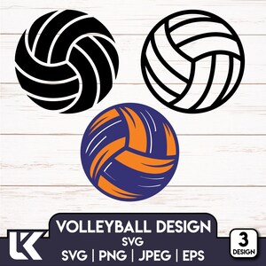 May include: Three volleyball designs in black and blue and orange. The designs include a solid black volleyball, a black outline volleyball, and a blue and orange volleyball. The text "VOLLEYBALL DESIGN" is displayed below the volleyballs.