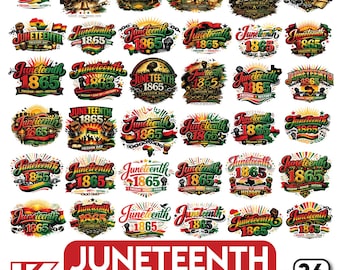 May include: A collection of 36 digital graphic designs featuring the text Juneteenth 1865. The illustrations incorporate red, black, green, and yellow color palettes with symbols like raised fists, chains, sunbursts, and maps of Africa.